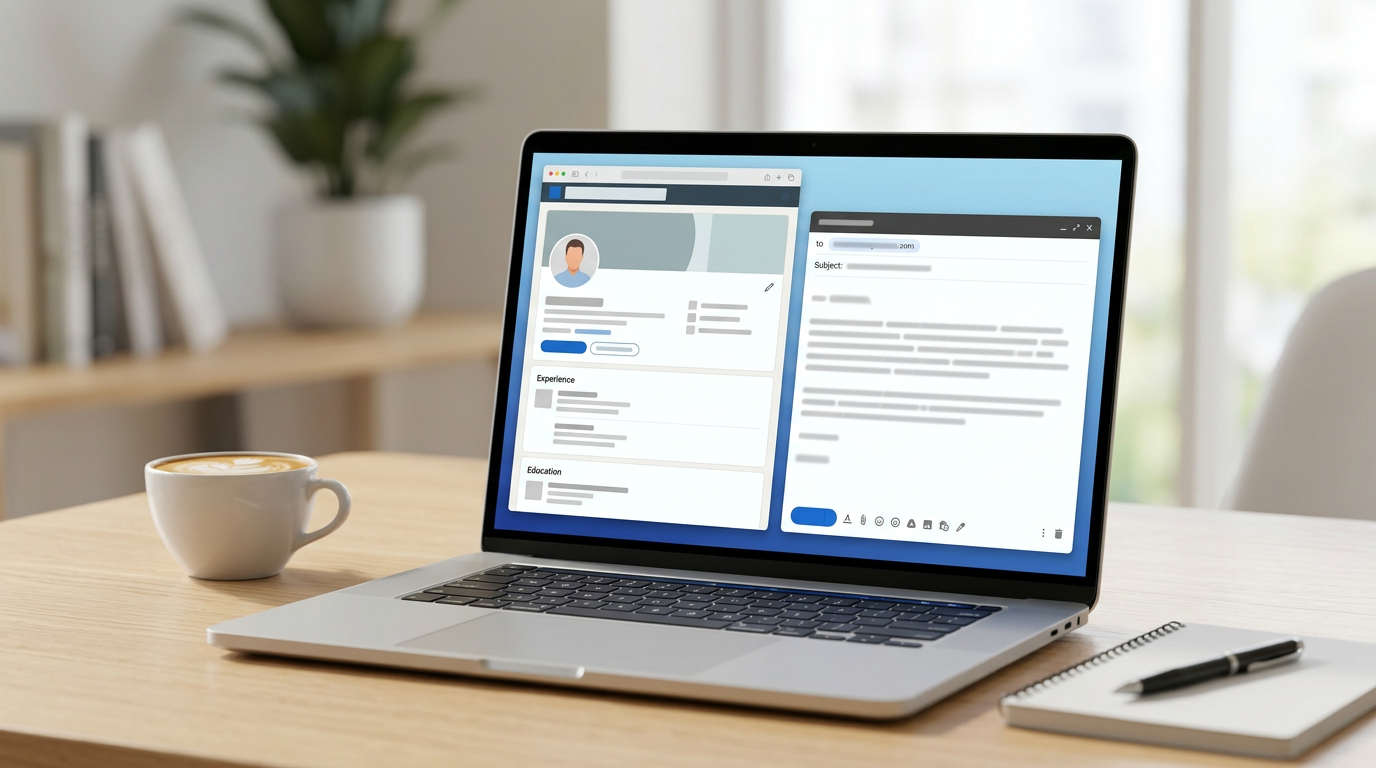 หน้าจอโน้ตบุ๊กแสดงโปรไฟล์ LinkedIn และอีเมลภาษาอังกฤษที่ผ่านการเรียบเรียงมาอย่างดี