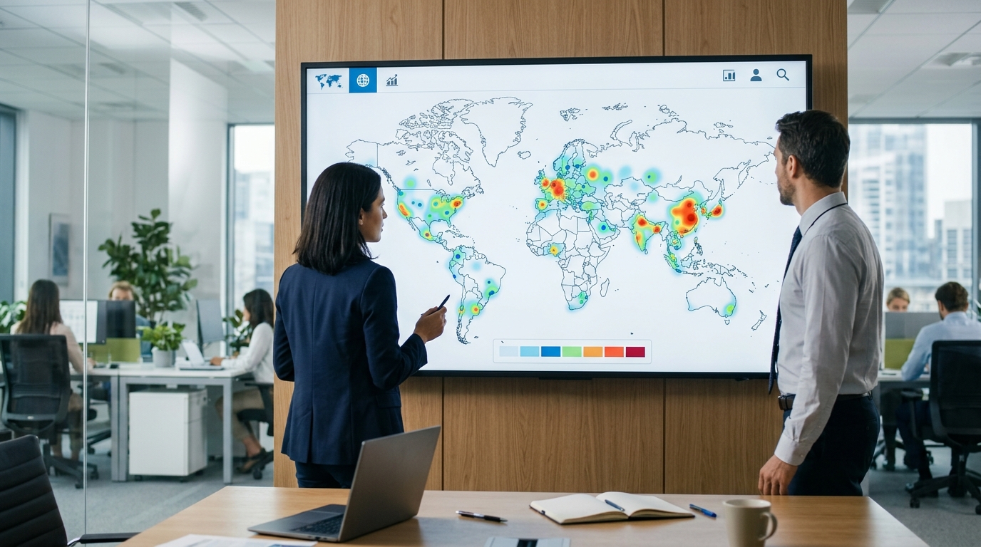 ภาพสำนักงานที่ทันสมัยพร้อมจอแสดงแผนที่โลกและ Heatmap ของผู้ซื้อ