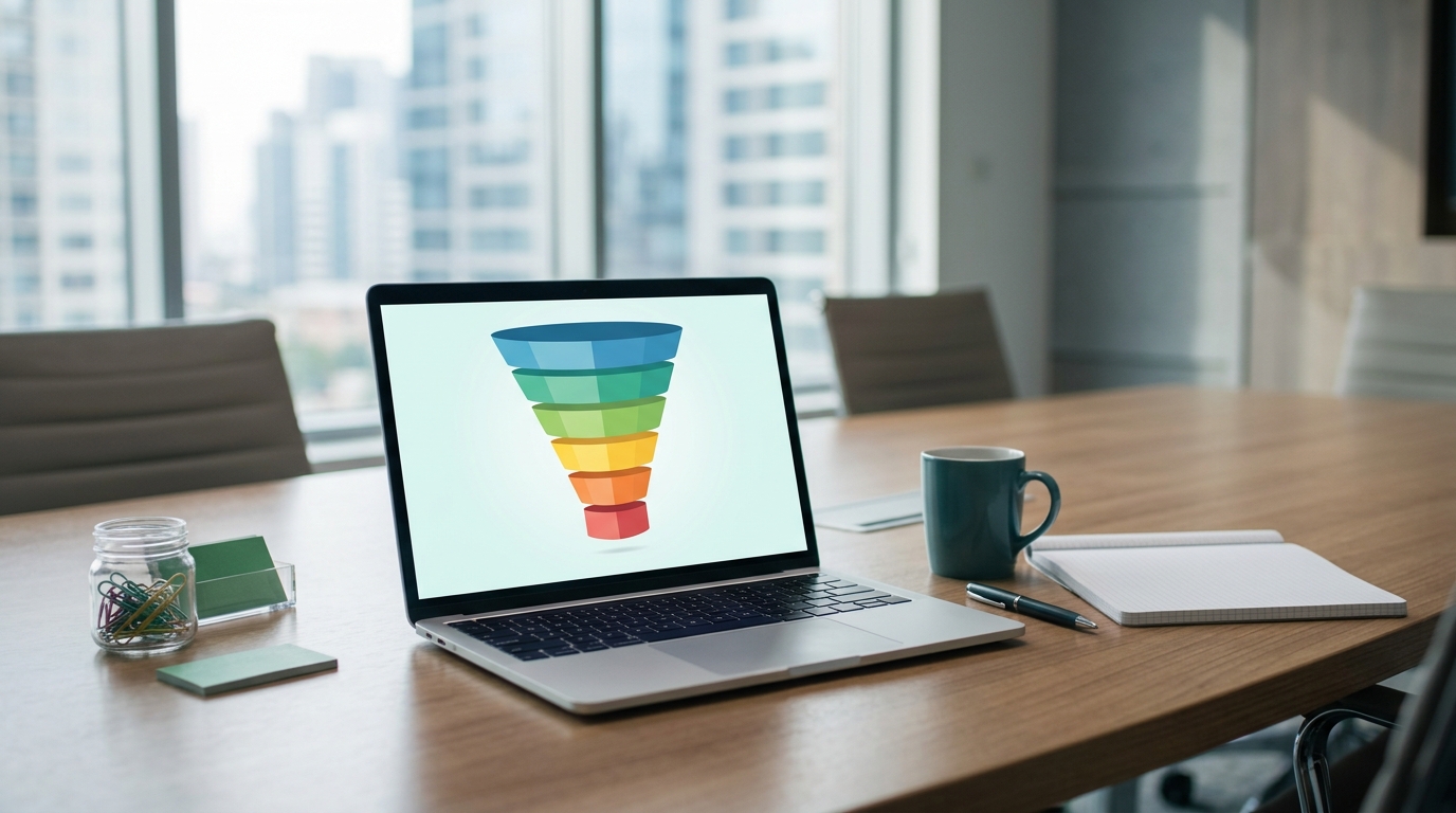 ตารางห้องประชุมที่มีหน้าจอแล็ปท็อปแสดงกราฟ Pipeline Funnel