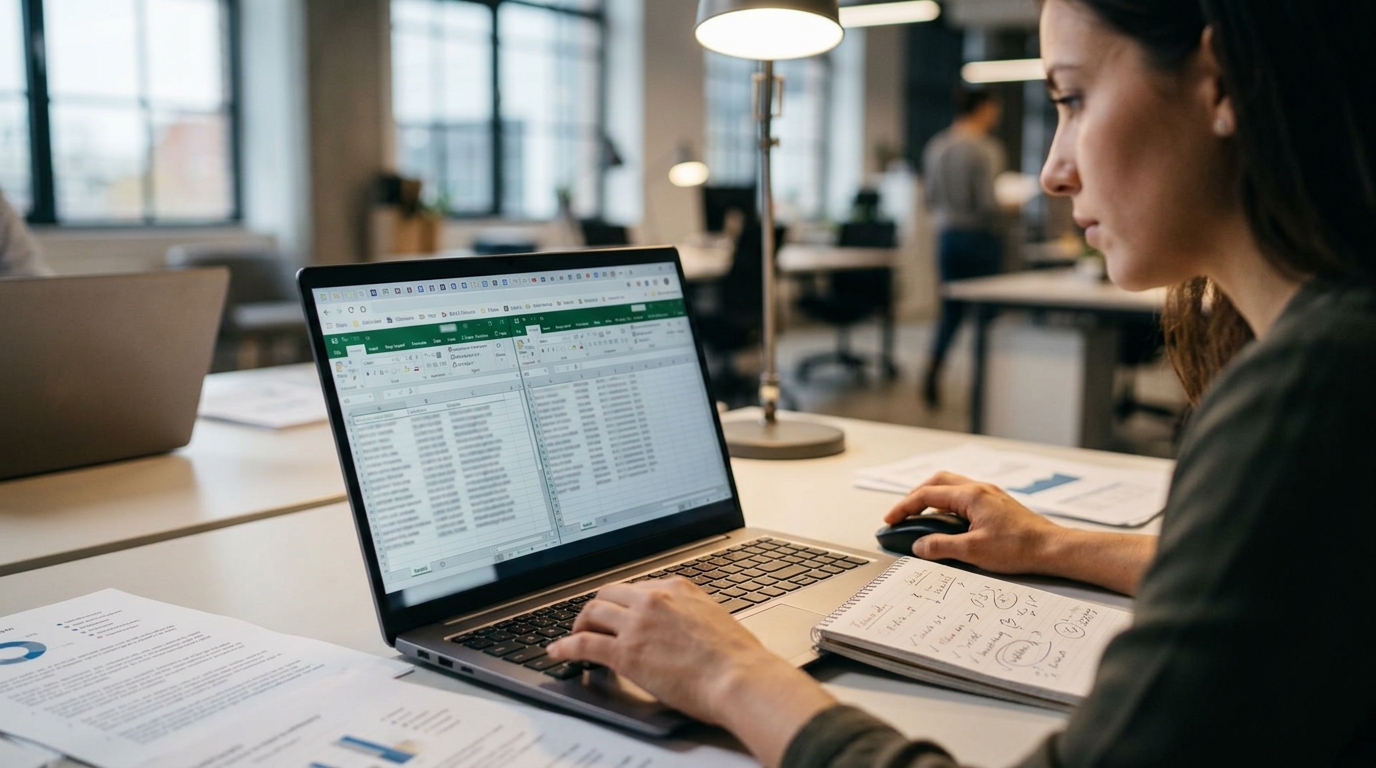 Gambar seseorang di depan laptop dengan banyak tab spreadsheet terbuka untuk mengelola data pembeli luar negeri secara manual