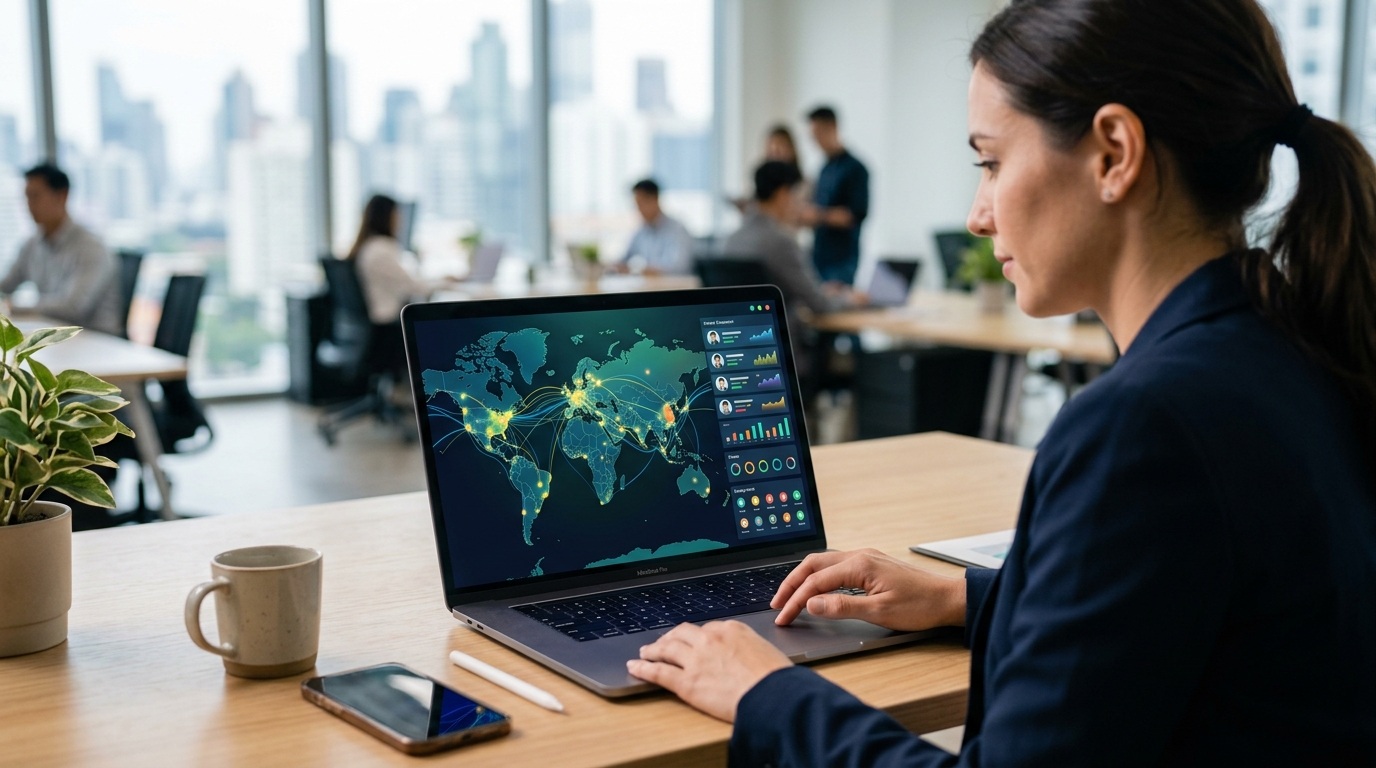 Gambar dasbor di layar laptop yang menampilkan peta dunia dan daftar pembeli yang tersusun otomatis