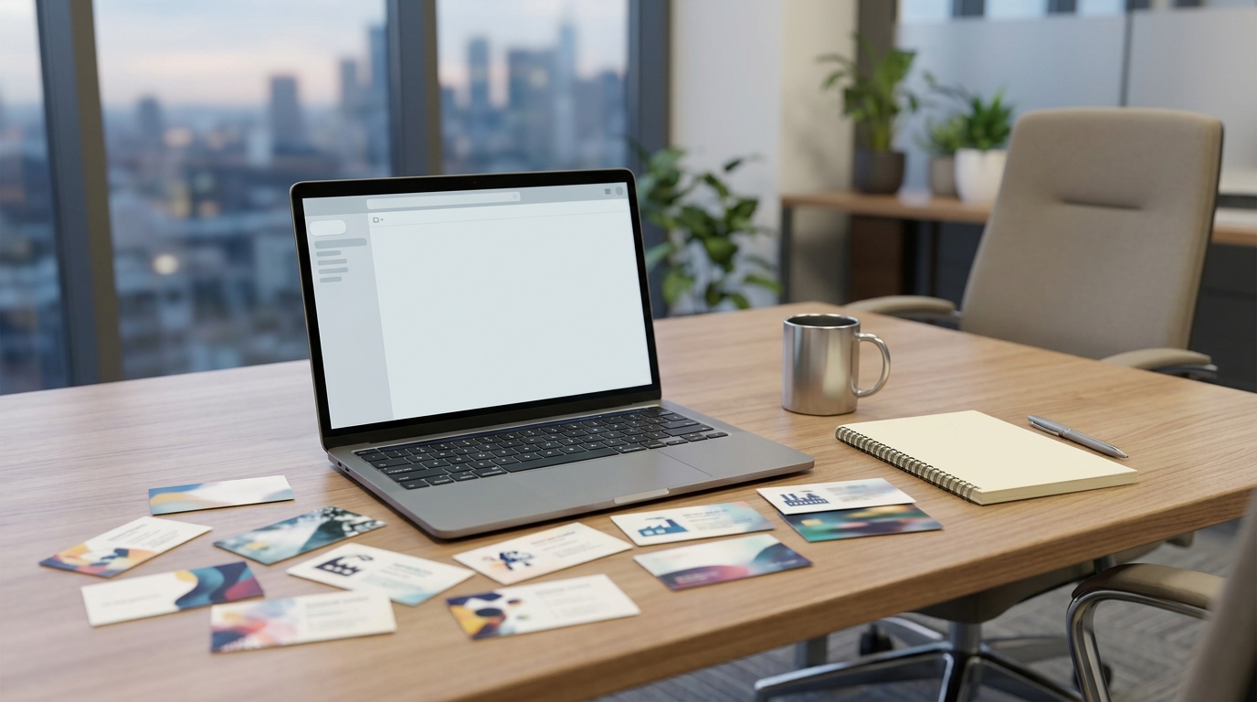 A scene showing scattered business cards from international trade shows on an office desk, with an empty email inbox displayed on a laptop screen.