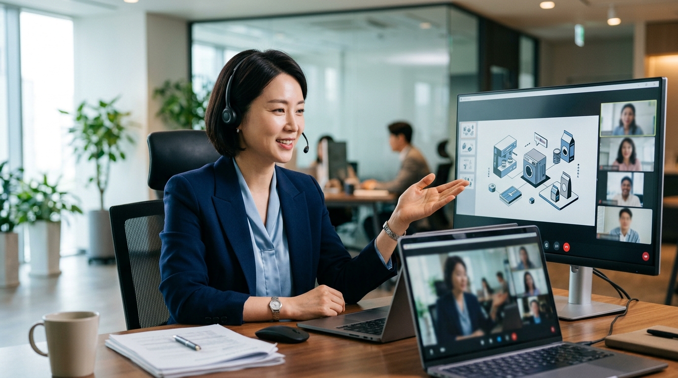 An export manager sharing a product catalog on a video meeting screen as part of a presentation.