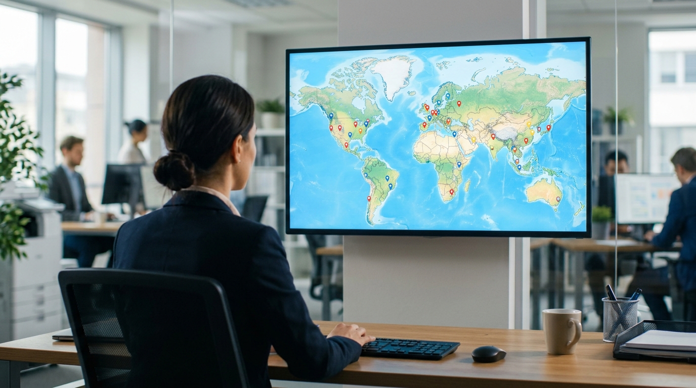 A rear view of a person looking at a monitor screen where various countries are pinned on a world map.