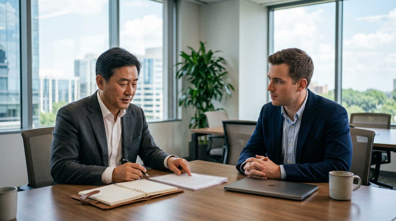 An office scene where a manager and a buyer sit across from each other reviewing documents on a trade negotiation table