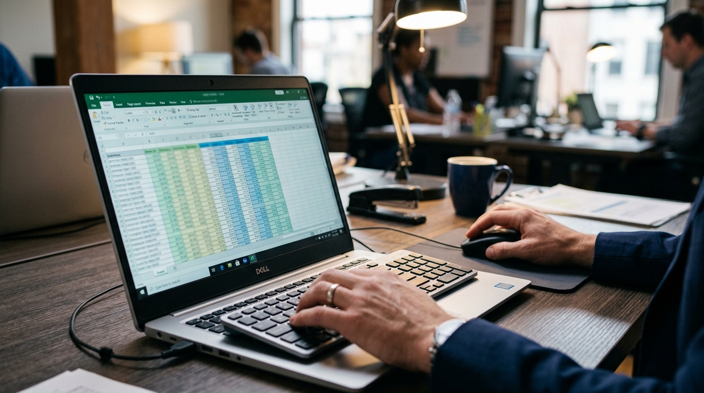 Close-up of a worker's hands entering numbers into a spreadsheet for cost items