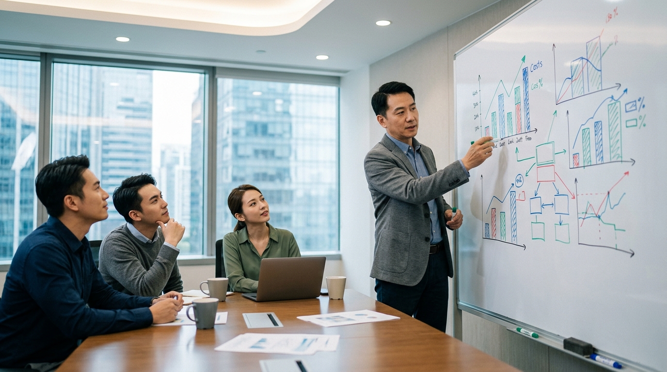Sales representative explaining a cost comparison chart on a whiteboard in a meeting room