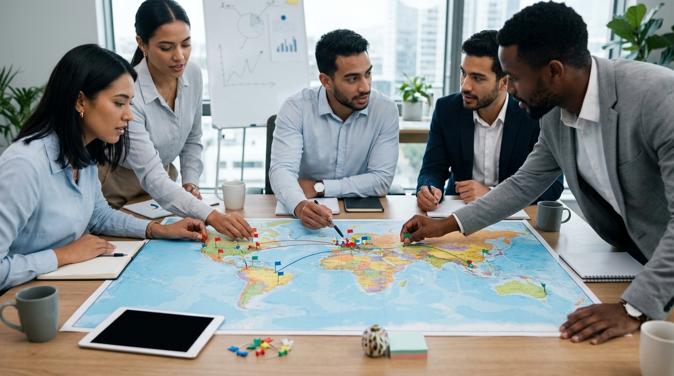 A team reviewing market diversification strategies while placing pins on different regions on a world map