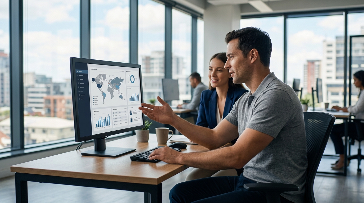 Sales representative looking at buyer lists on an AI platform