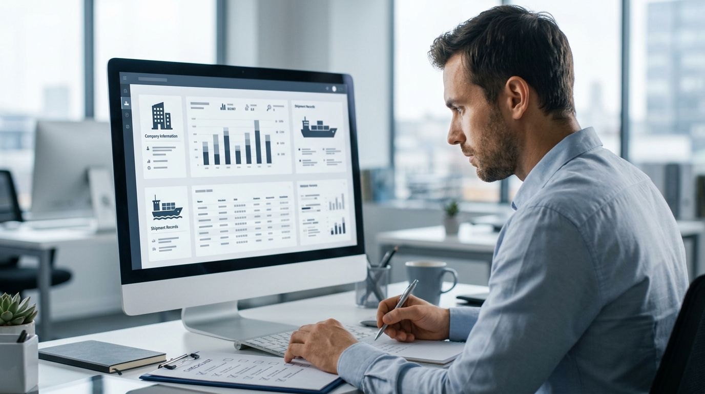 A focused analyst reviewing a structured checklist on a monitor showing company profiles and import records