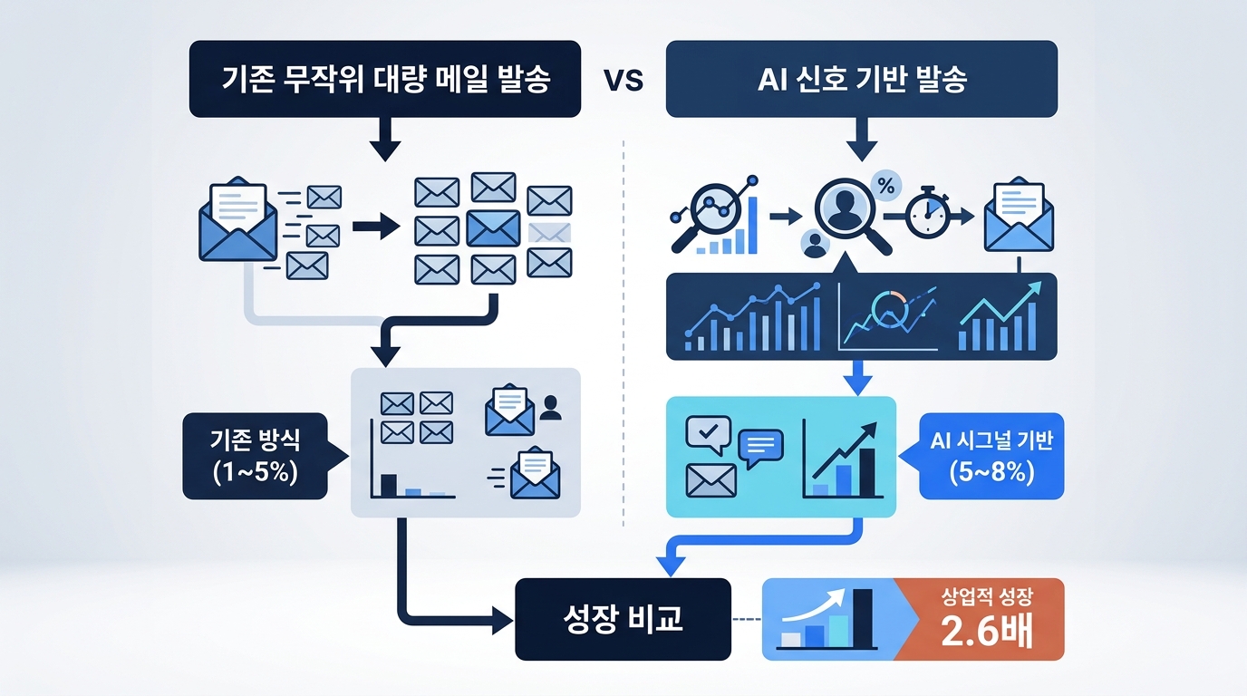 기존 무작위 대량 메일 발송과 AI 신호 기반 발송의 응답률 및 성과 비교 흐름도, 라벨 기존 방식(1~5%) AI 시그널 기반(5~8%) 상업…