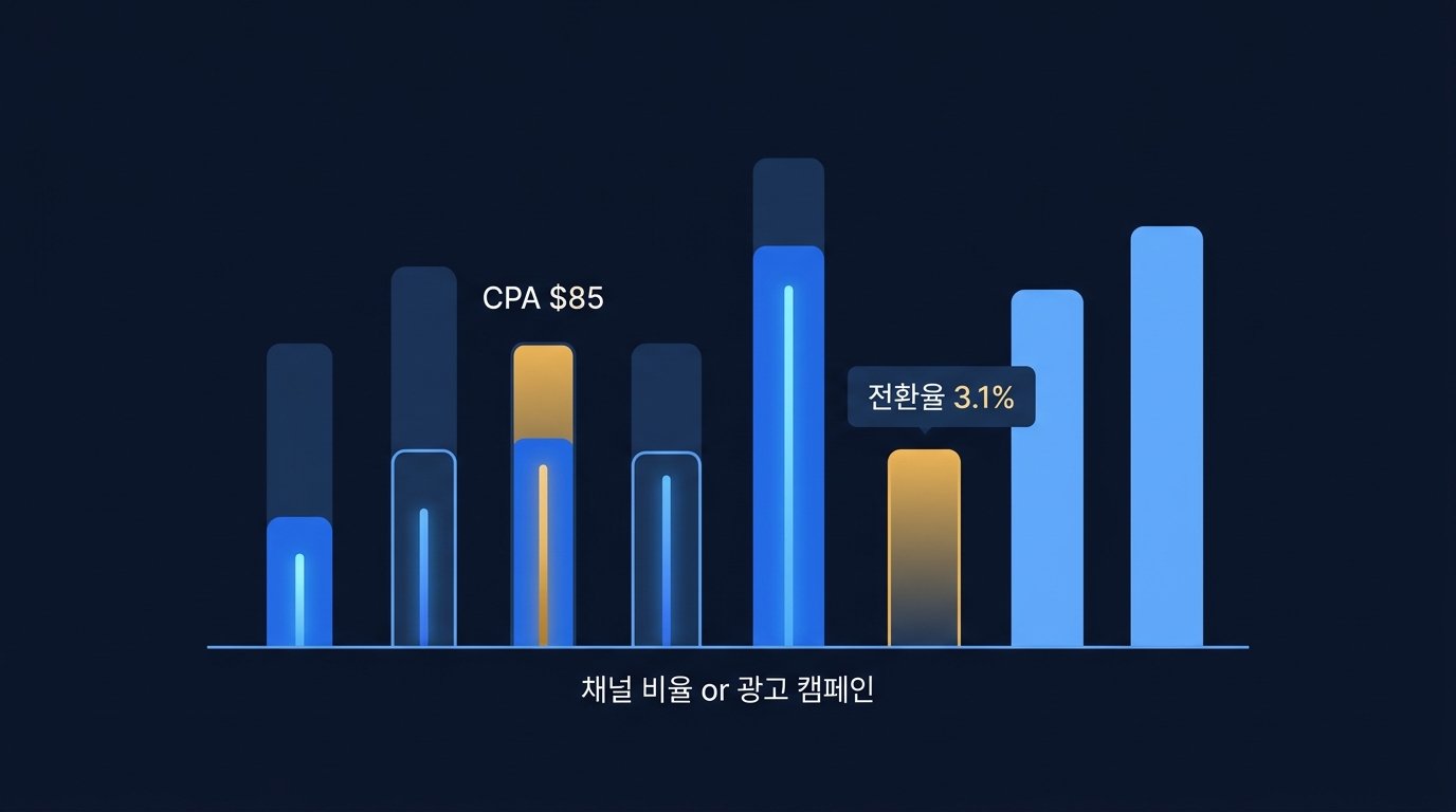 B2B 유료 광고 비용 대비 효율 비교, 라벨 CPA $85 전환율 3.1%