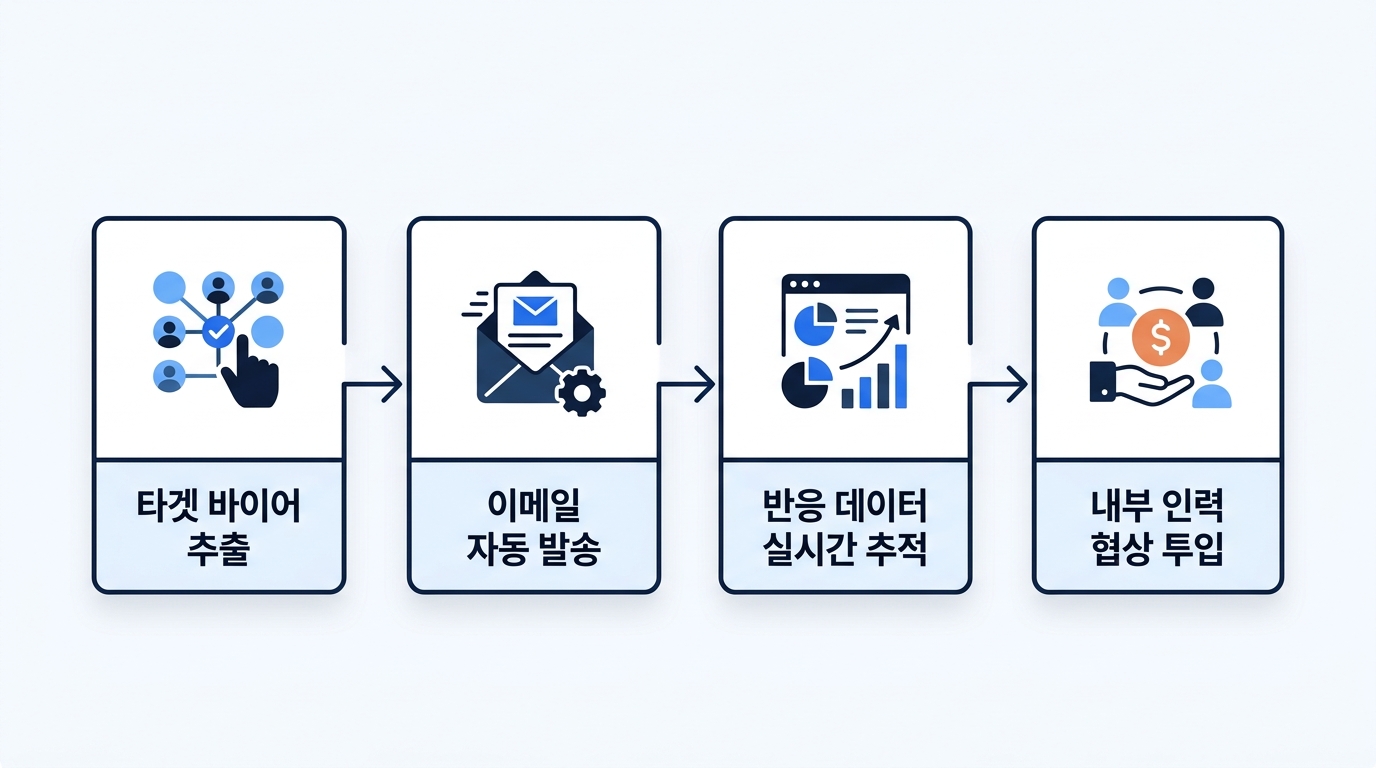 Digital Outbound Sales Flowchart, Labels: Extract Target Buyers -> Automated Emailing -> Real-time Response Tracking -> In-house Negotiation Deployment