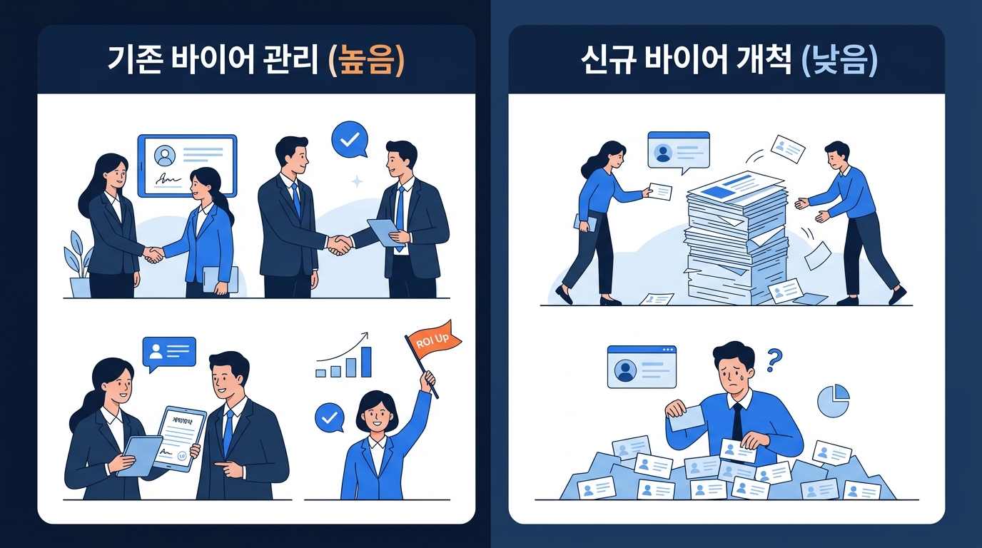 Comparison of ROI by tradeshow participation purpose, Labels: Existing Buyer Management (High) New Buyer Sourcing (Low)
