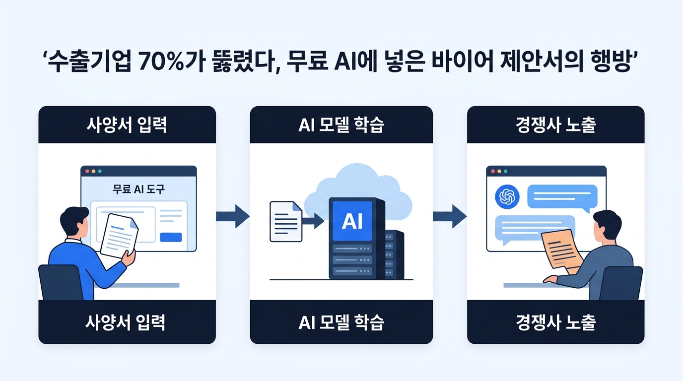 무료 AI에서 학습 서버를 거쳐 경쟁사의 질의응답으로 이어지는 3단계 정보 유출 흐름도, 라벨 사양서 입력, AI 모델 학습, 경쟁사 노출