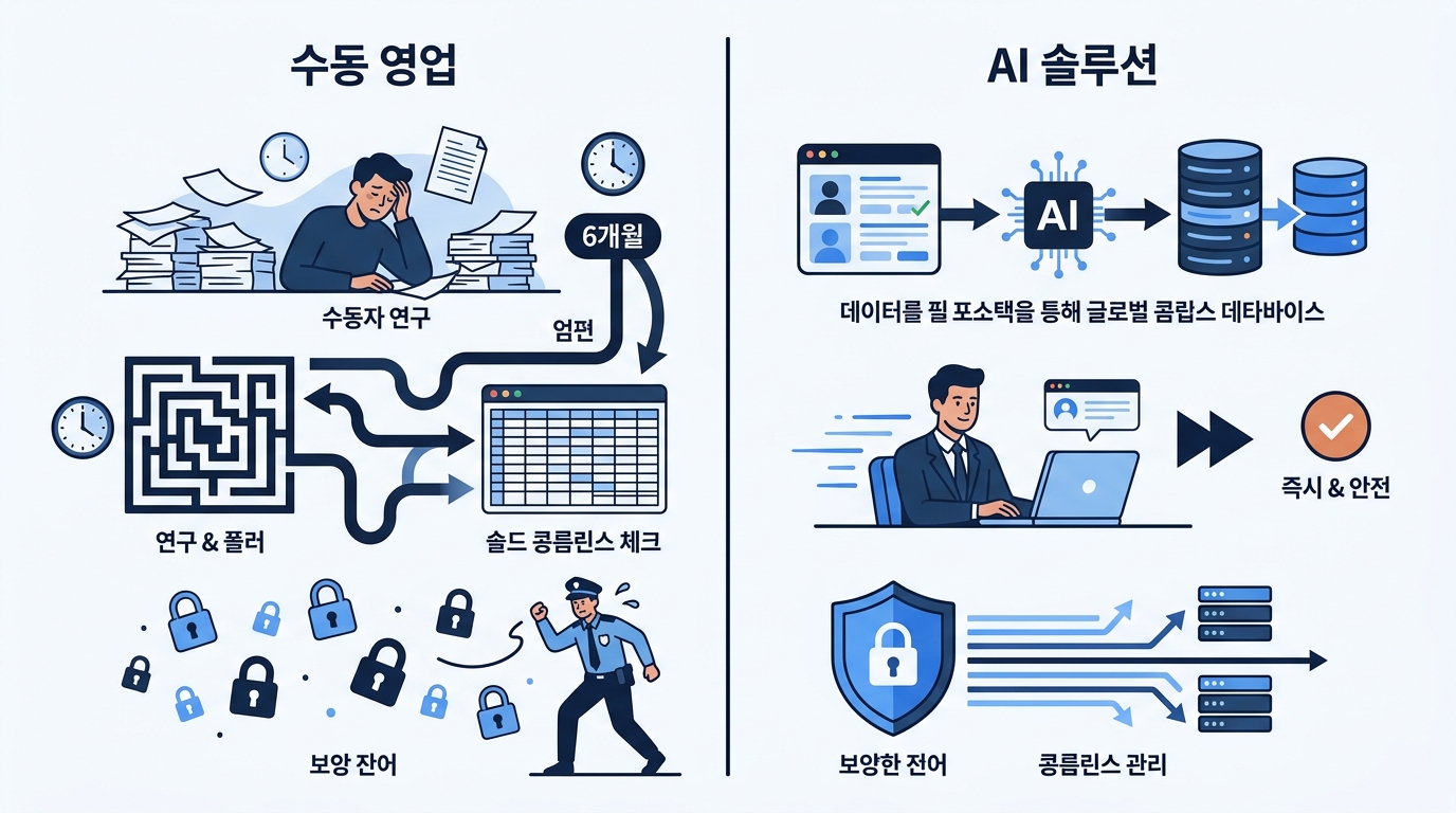 手动买家调研与基于合规的 AI 开发解决方案引入前后的耗时及安全控制力对比表