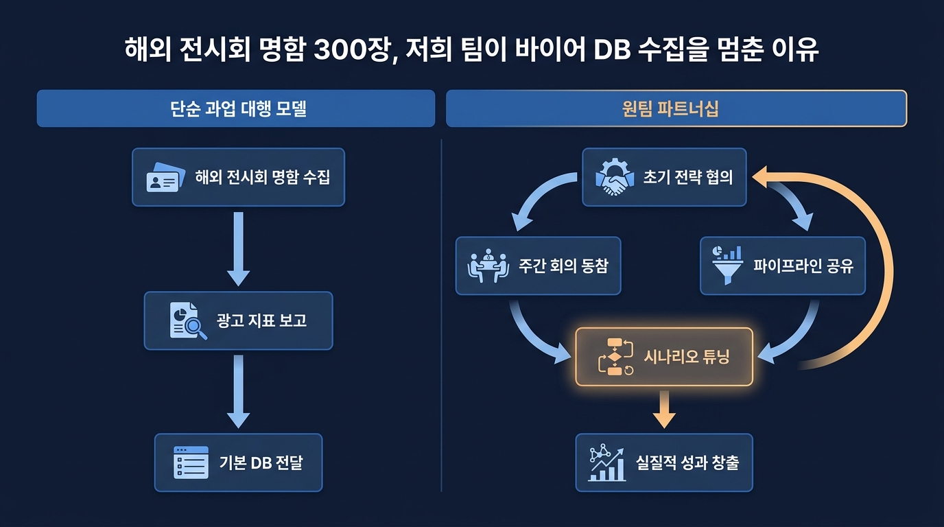 단순 과업 대행 모델과 원팀 파트너십의 차이를 보여주는 비교 흐름도, 라벨 광고 지표 보고 주간 회의 동참 파이프라인 공유 시나리오 튜닝
