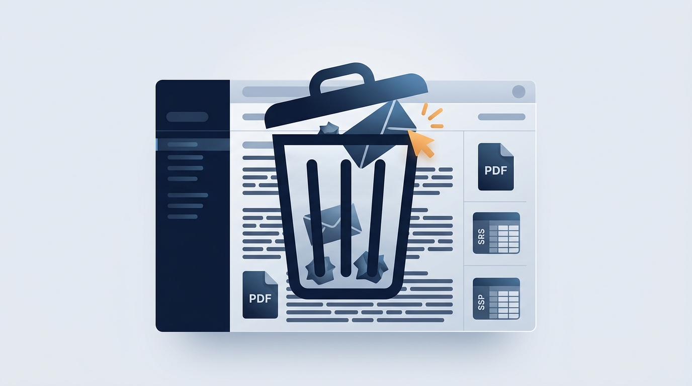A visual metaphor of a trash can icon overlaid on an email filled with dense text and catalog attachments