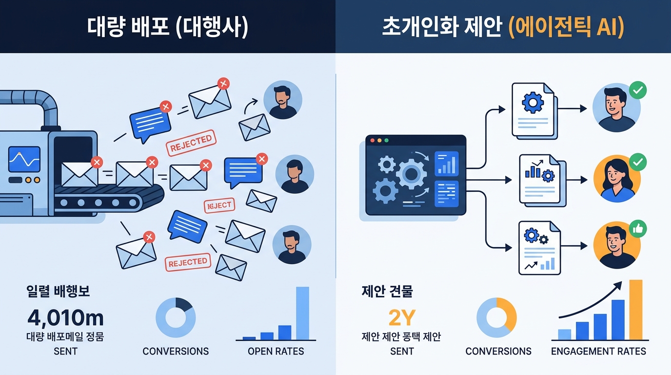 대행사 의존 대량 메일과 에이전틱 AI 기반 초개인화 메일의 전환율 비교, 라벨 대량 배포(대행사) 초개인화 제안(에이전틱 AI)