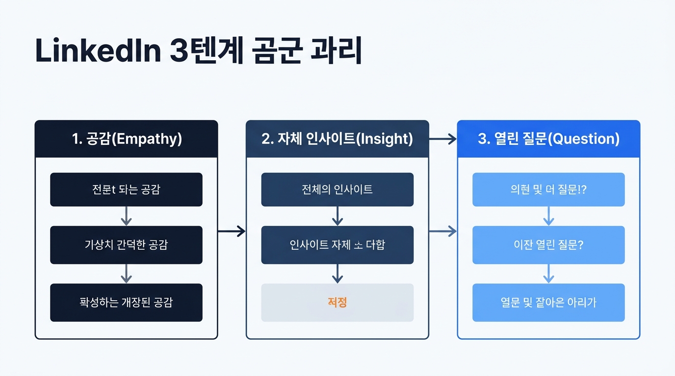 링크드인 3단 댓글 프레임워크 흐름도, 라벨 1. 공감(Empathy) 2. 자체 인사이트(Insight) 3. 열린 질문(Question)