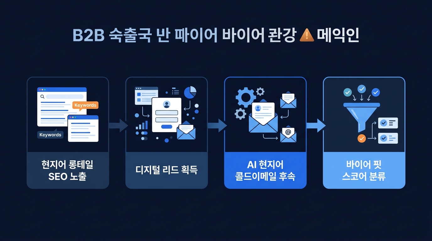 Diagram alur pipa prospek buyer Amerika Latin, label: Eksposur SEO Ekor Panjang Bahasa Lokal, Perolehan Prospek Digital, Tindak Lanjut Cold Email Bahasa Lokal AI, Klasifikasi Buyer Fit Score