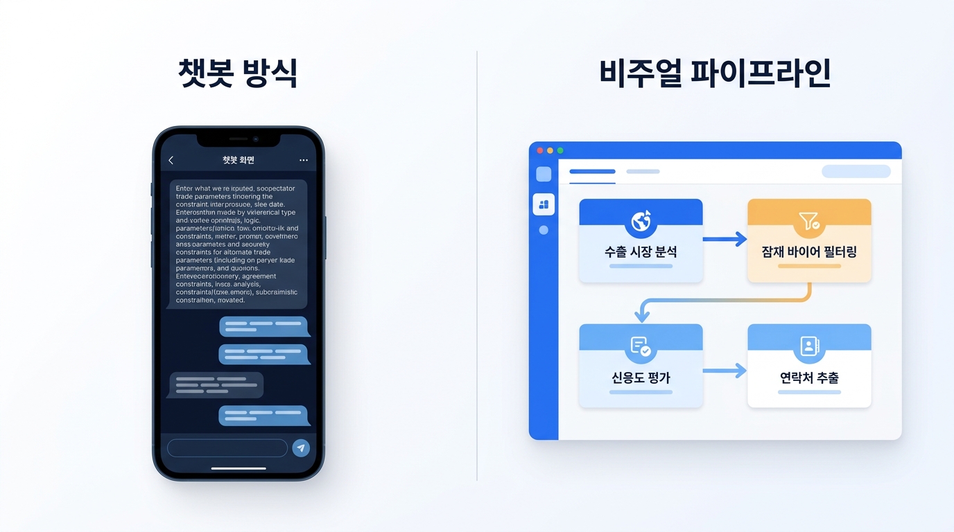 화면 좌측에는 긴 프롬프트 텍스트가 가득한 챗봇 화면, 우측에는 각 업무 단계가 블록으로 연결된 직관적인 GUI 파이프라인의 대비, 라벨 챗봇…
