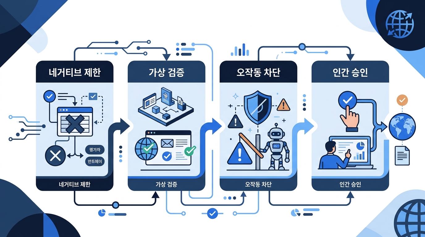 에이전틱 하네스 4단계 흐름, 라벨 네거티브 제한 가상 검증 오작동 차단 인간 승인