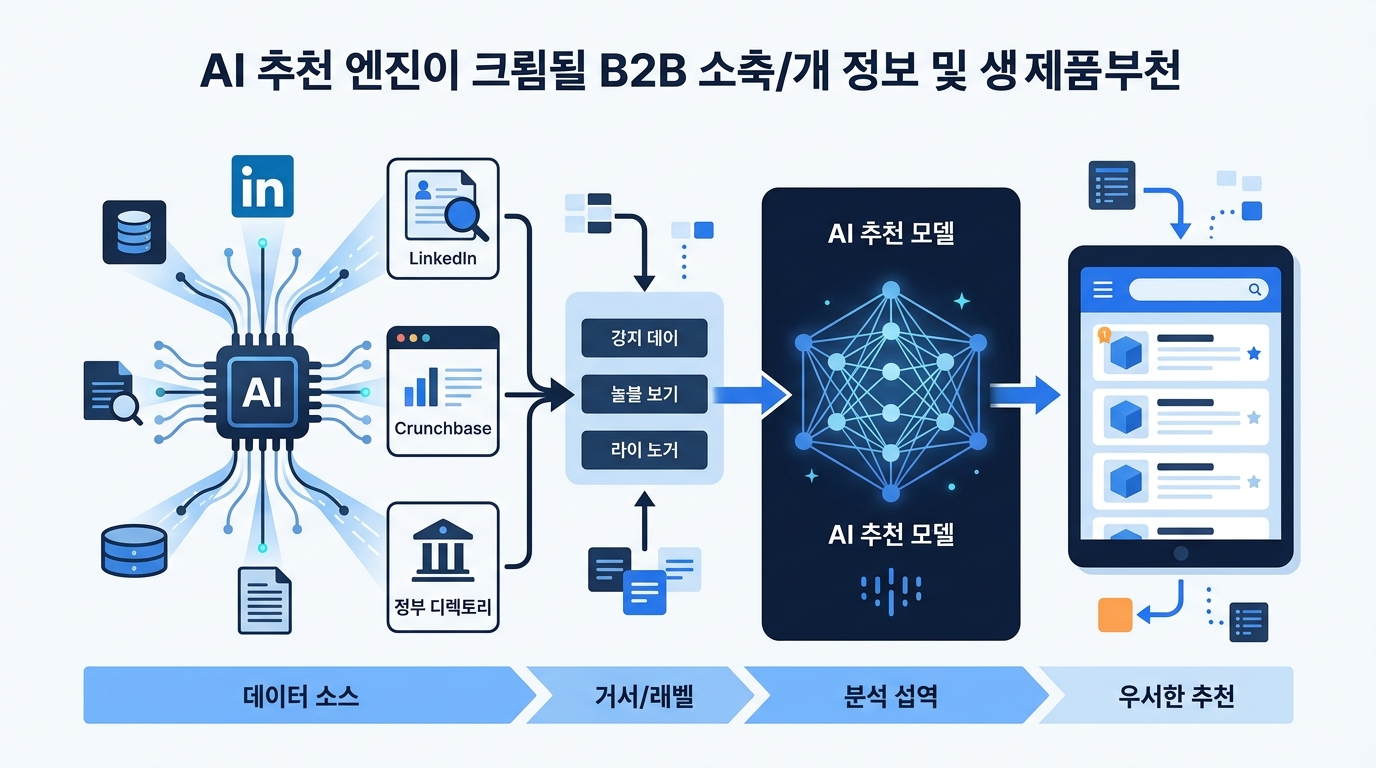 AI 답변 엔진이 B2B 기업 정보를 크롤링하는 과정, 라벨 LinkedIn Crunchbase 정부 디렉토리 AI 추천 모델