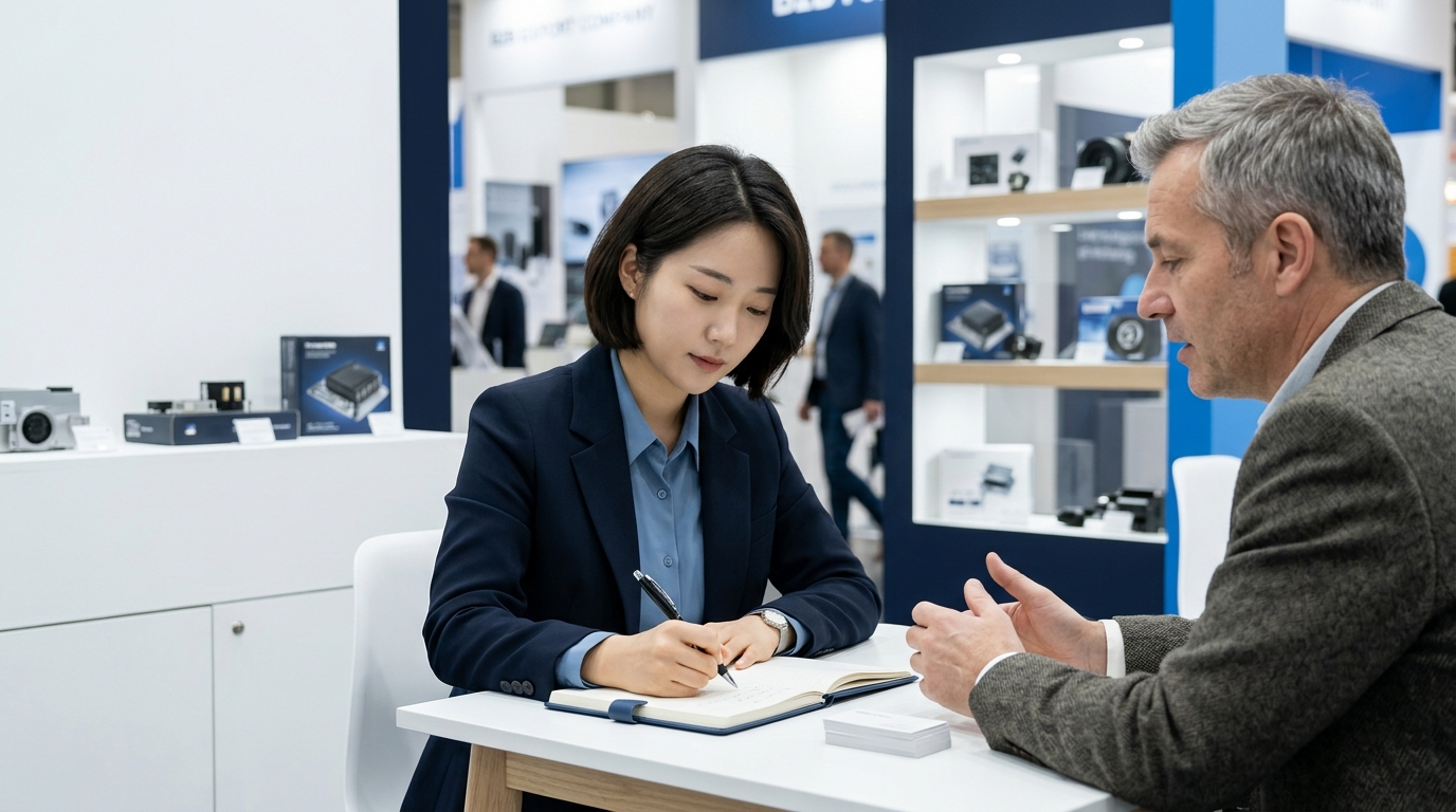 An export sales manager meticulously taking notes of feedback while talking with a buyer at a European trade show booth