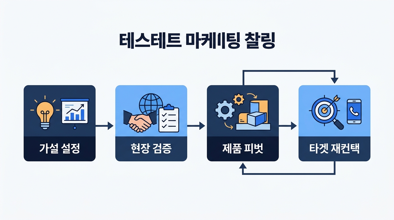 A 4-step test marketing flow linking hypothesis setting, onsite feedback collection, product pivot, and buyer re-contact, labels: Hypothesis Setting, Onsite Validation, Product Pivot, Target...