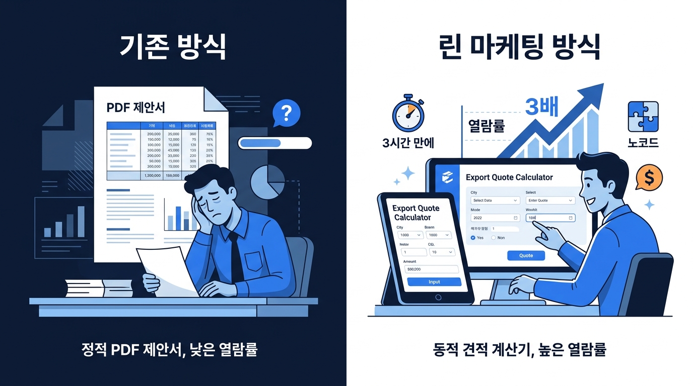정적 PDF 수출 제안서와 동적 견적 계산기를 나란히 비교하는 표, 라벨 기존 방식 린 마케팅 방식