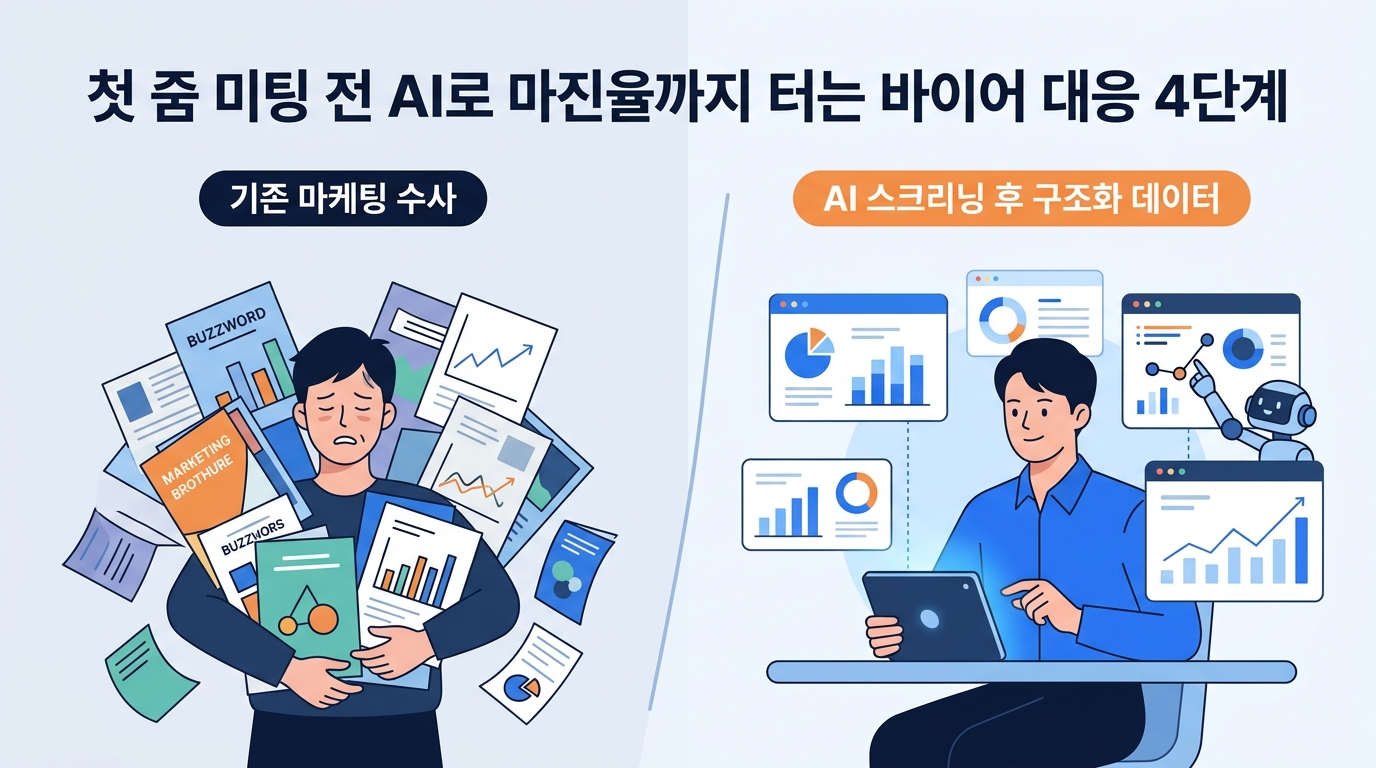 AI 스크리닝 대응 전후의 세일즈 방식 비교, 라벨 기존 마케팅 수사 AI 스크리닝 후 구조화 데이터