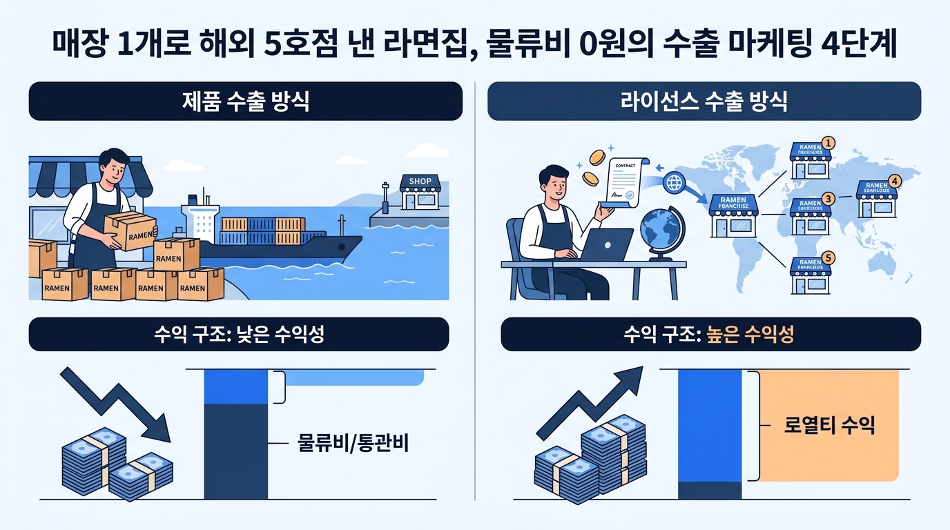 产品出口与授权出口收益结构对比图,涵盖物流费/通关费/特许权收益等标签