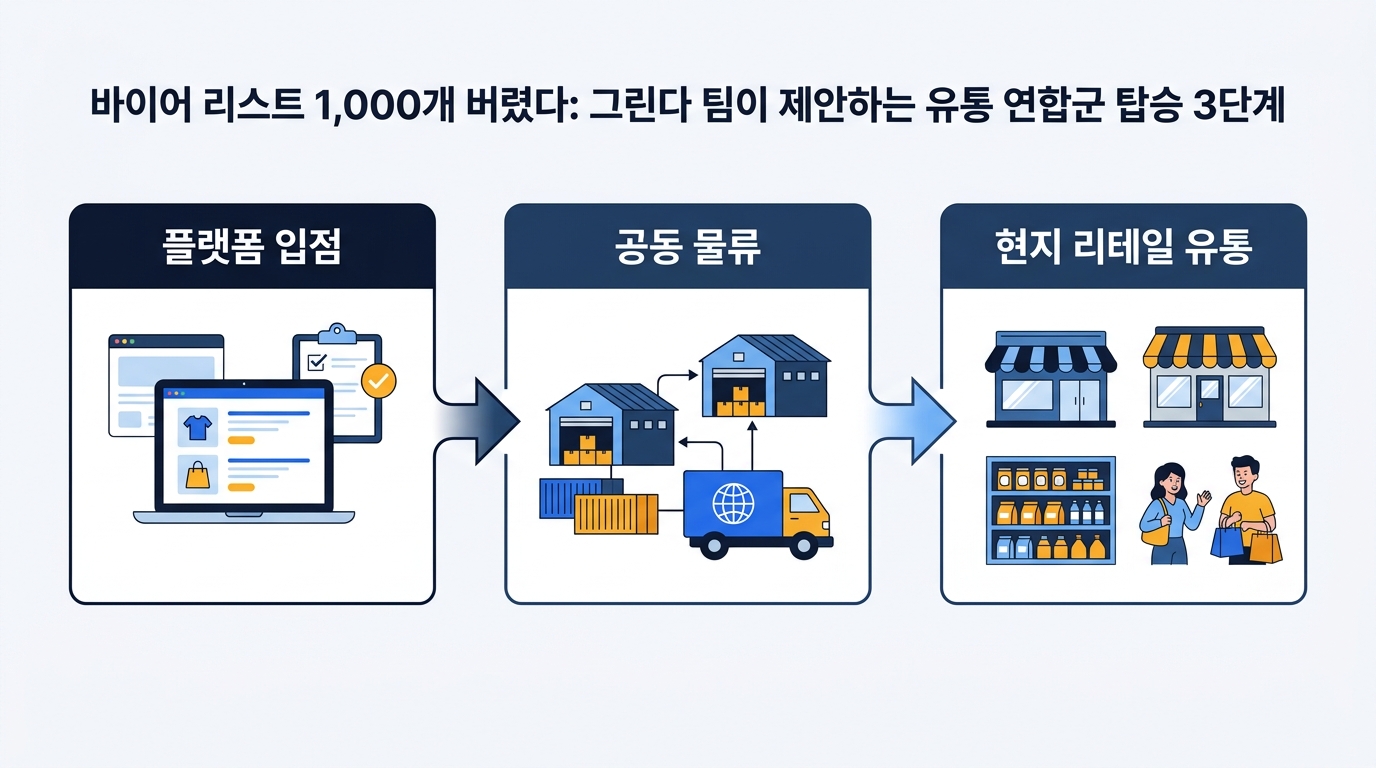 플랫폼 얼라이언스 수출 절차 3단계 흐름, 라벨 플랫폼 입점 공동 물류 현지 리테일 유통