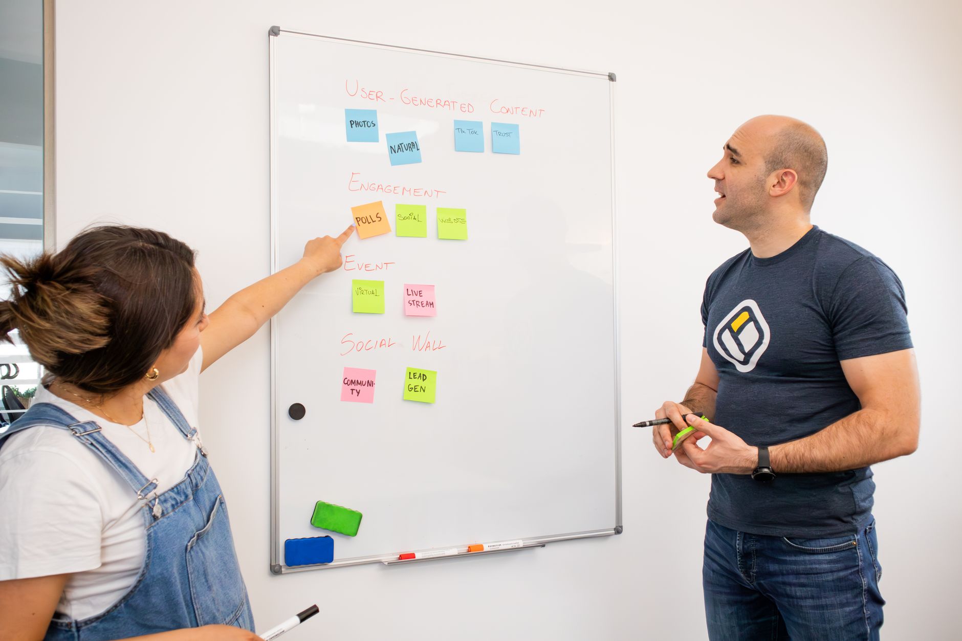A small export team of two people reviewing a whiteboard with a 4-week content plan, pointing at sticky notes organized by buyer persona