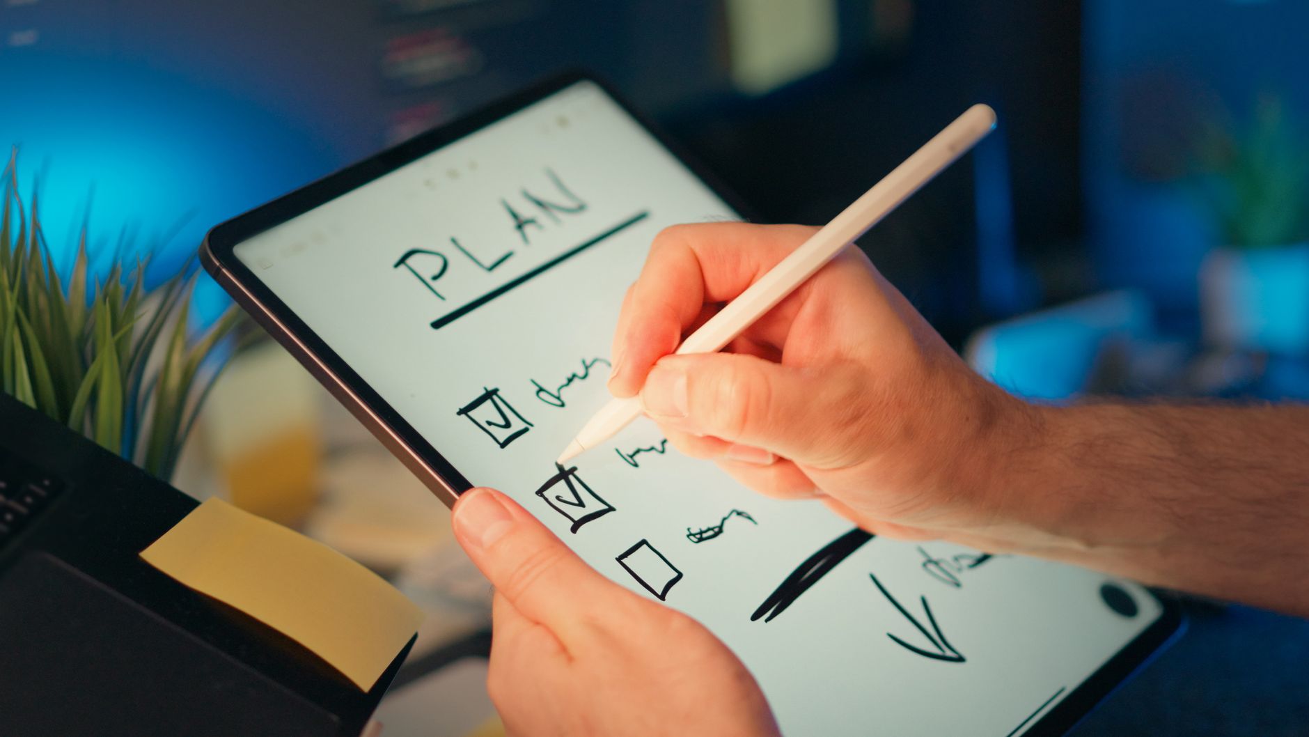A checklist on a tablet screen, held by a business professional in a clean office environment, with a blurred background of a city view.