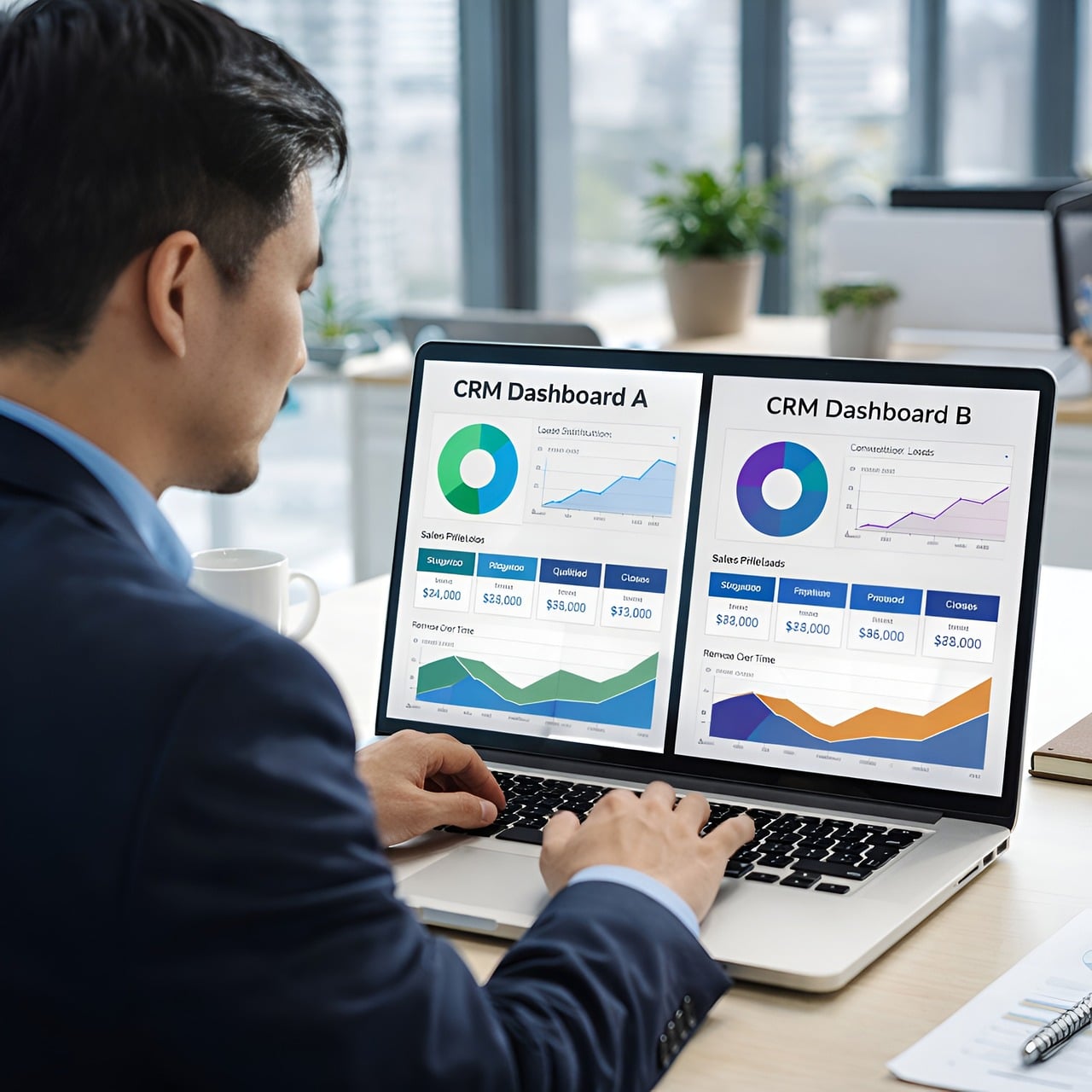 A sales manager reviewing a CRM pipeline on a laptop, highlighting high-priority buyer leads, focused expression, office setting