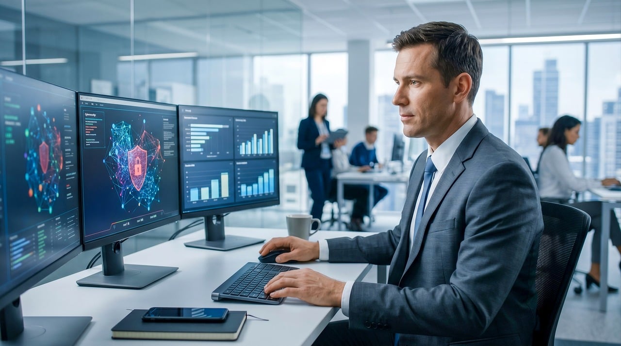 A high-quality, modern corporate workspace view showing a professional business analyst verifying datasets on a sleek ultrabook.